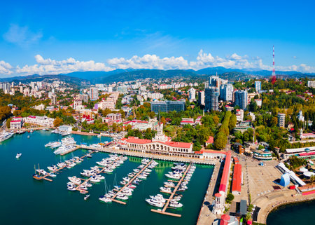 Sochi port or marine passenger terminal aerial panoramic view in Sochi. Sochi is the resort city along the Black Sea in Russia.の写真素材