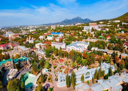 Pyatigorsk city centre aerial panoramic view. Pyatigorsk is a spa city in Caucasian Mineral Waters region, Stavropol Krai in Russiaの写真素材