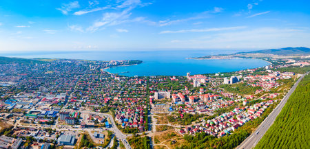 Gelendzhik city harbor aerial panoramic view. Gelendzhik is a resort town located on the Gelenjik Bay of the Black Sea in Krasnodar Krai, Russia.の写真素材