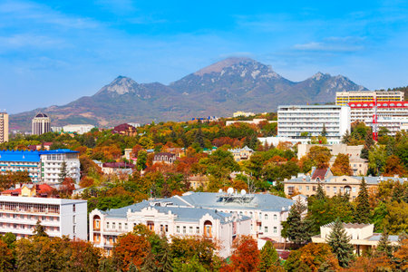Pyatigorsk city centre aerial panoramic view. Pyatigorsk is a spa city in Caucasian Mineral Waters region, Stavropol Krai in Russiaの写真素材