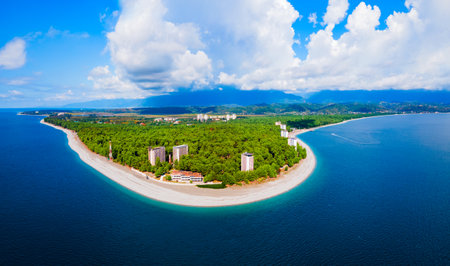 Pitsunda city beach aerial panoramic view. Pitsunda is a resort town on the Black Sea shore, Gagra district of Abkhazia in Georgia.の写真素材