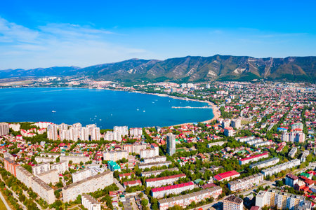 Gelendzhik city harbor aerial panoramic view. Gelendzhik is a resort town located on the Gelenjik Bay of the Black Sea in Krasnodar Krai, Russia.の写真素材