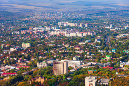 Pyatigorsk city centre aerial panoramic view. Pyatigorsk is a spa city in Caucasian Mineral Waters region, Stavropol Krai in Russiaの写真素材