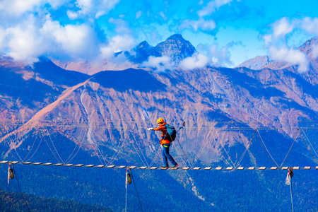 Suspension bridge at Rose Peak mountain station in Sochi resort city in Krasnodar Krai, Russiaの写真素材