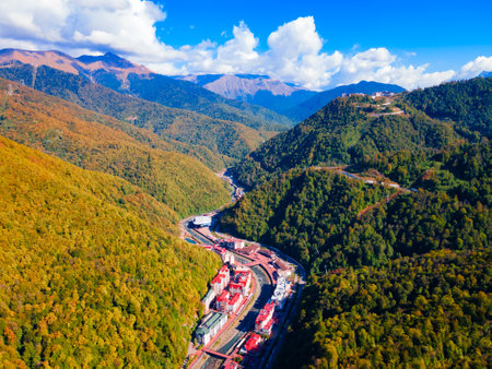 Rosa Khutor village aerial panoramic view. Rosa Khutor is an alpine ski resort located near Krasnaya Polyana town in Sochi region, Russiaの写真素材