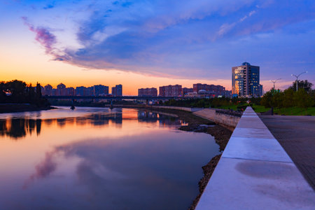 Krasnodar city and Kuban river skyline aerial panoramic view at sunset. Krasnodar is the largest city and administrative centre of Krasnodar Krai.の写真素材