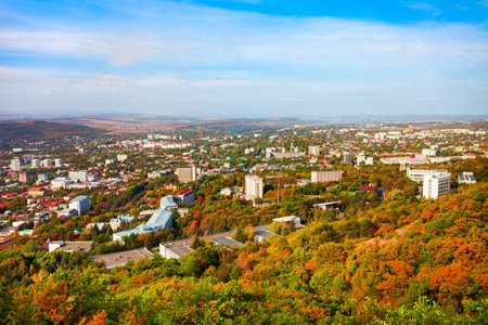 Pyatigorsk city centre aerial panoramic view. Pyatigorsk is a spa city in Caucasian Mineral Waters region, Stavropol Krai in Russiaの写真素材