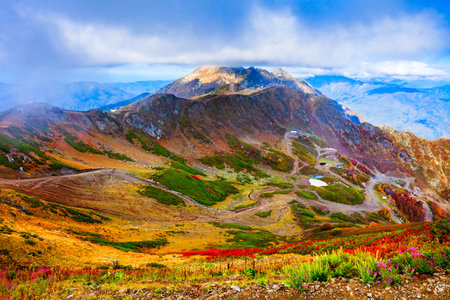Caucasus mountains panoramic view from the viewpoint at Rose Peak. Rosa Peak and Roza Khutor are alpine ski resorts near Krasnaya Polyana town in Sochi region, Russiaの写真素材