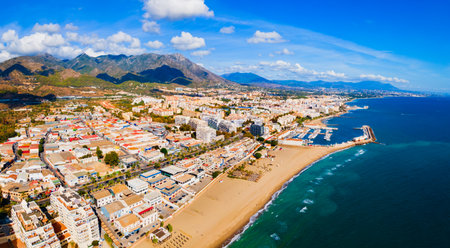 Marbella city beach aerial panoramic view. Marbella is a city in the province of Malaga in the Andalusia, Spain.の写真素材