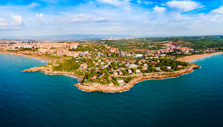 Tarragona city beach aerial panoramic view. Tarragona is a port city located in northeast Spain on the Costa Daurada by the Mediterranean Sea.の写真素材