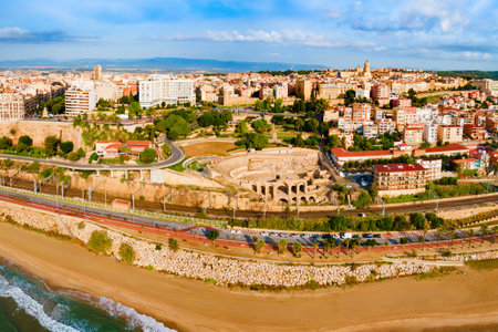 Tarragona Amphitheatre aerial panoramic view. Tarragona Amphitheatre is a Roman amphitheatre in the city of Tarragona in the Catalonia region of Spain.の写真素材