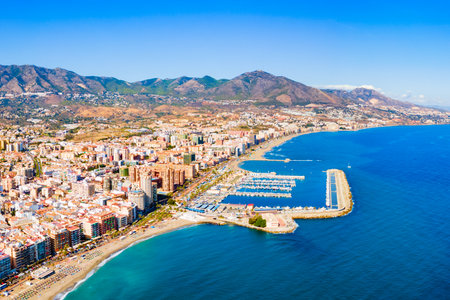 Fuengirola city beach and marina aerial panoramic view. Fuengirola is a city on the Costa del Sol in the province of Malaga in the Andalusia, Spain.の写真素材