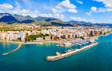 Marbella marina aerial panoramic view. Marbella is a city in the province of Malaga in the Andalusia, Spain.の写真素材
