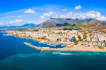 Marbella city beach aerial panoramic view. Marbella is a city in the province of Malaga in the Andalusia, Spain.の写真素材