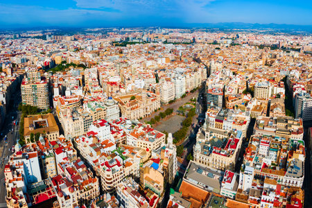 Valencia City Hall at the Plaza del Ajuntament square aerial panoramic view. Valencia is the third most populated municipality in Spain.の写真素材