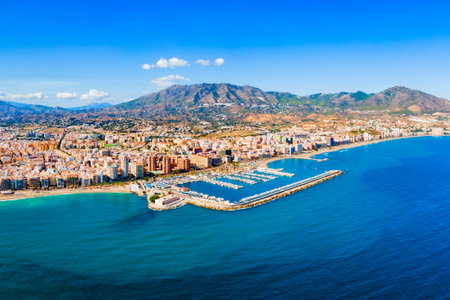Fuengirola city beach and marina aerial panoramic view. Fuengirola is a city on the Costa del Sol in the province of Malaga in the Andalusia, Spain.の写真素材