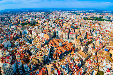 Mercado Central aerial panoramic view. Mercat Central is a public central market located in central Valencia, Spain.の写真素材