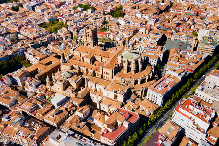 Granada Cathedral aerial panoramic view. Cathedral of Incarnation or Santa Iglesia Catedral is a Roman Catholic church in Granada city, Andalusia in Spain.の写真素材