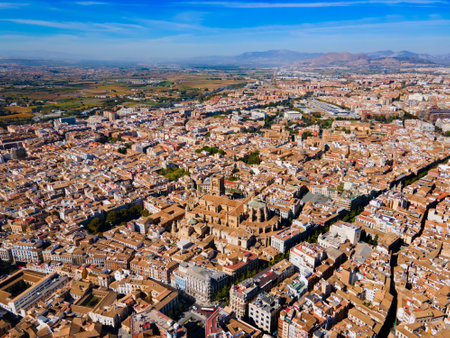 Granada Cathedral aerial panoramic view. Cathedral of Incarnation or Santa Iglesia Catedral is a Roman Catholic church in Granada city, Andalusia in Spain.の写真素材