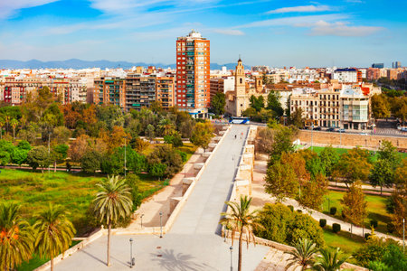 Valencia city aerial panoramic view from the Serrans Gate or Serranos Towers. Valencia is the third most populated municipality in Spain.の写真素材
