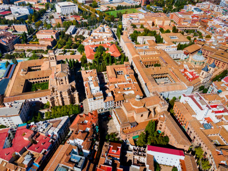 Saint Jerome Monastery, Our Lady of Perpetual Help or Santuario del Perpetuo Socorro and Basilica San Juan Dios Church aerial panoramic view in Granadaの写真素材