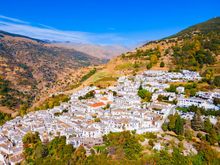 Capileira village aerial panoramic view. Capileira is a village in the Alpujarras area in the province of Granada in Andalusia, Spain.の写真素材