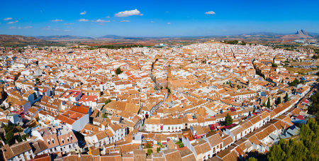 Saint Sebastian Parish Church aerial panoramic view in Antequera. Antequera is a city in the province of Malaga, the community of Andalusia in Spain.の写真素材