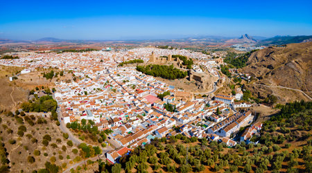 Alcazaba of Antequera aerial panoramic view. The Alcazaba of Antequera is a Moorish fortress in Antequera city in the province of Malaga, the community of Andalusia in Spain.の写真素材