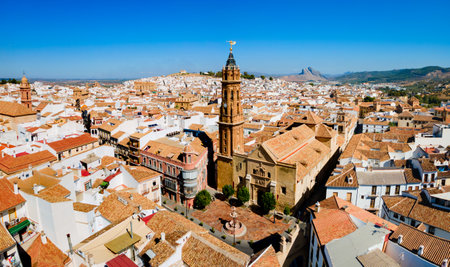 Saint Sebastian Parish Church aerial panoramic view in Antequera. Antequera is a city in the province of Malaga, the community of Andalusia in Spain.の写真素材