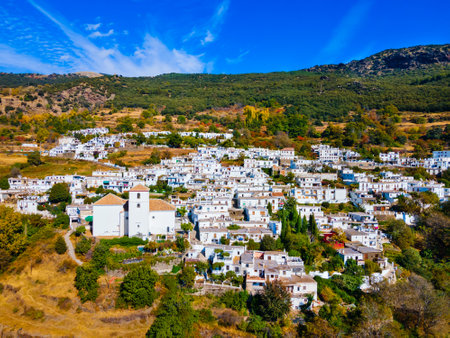 Bubion village aerial panoramic view. Bubion is a village in the Alpujarras area in the province of Granada in Andalusia, Spain.の写真素材
