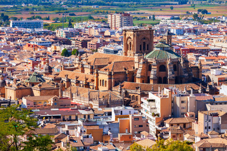 Granada Cathedral aerial panoramic view. Cathedral of Incarnation or Santa Iglesia Catedral is a Roman Catholic church in Granada city, Andalusia in Spain.の写真素材