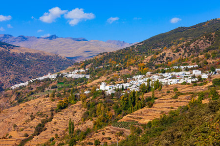 Bubion and Capileira villages aerial panoramic view. Bubion is a village in the Alpujarras area in the province of Granada in Andalusia, Spain.の写真素材
