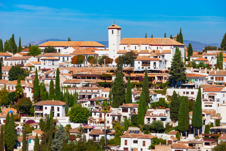 San Nicholas Church or Iglesia de San Nicolas and viewpoint aerial panoramic view in Granada, the capital city of the province of Granada in the community of Andalusia, Spainの写真素材