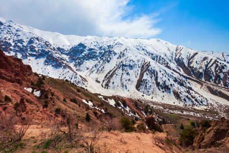 Chimgan mountain in Tian Shan range near the Taskent city in Uzbekistan in spring, view from cable carの写真素材