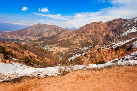Chimgan ski resort town in the Tian Shan or Tengri Tagh mountain range near Taskent city in Uzbekistan in Central Asiaの写真素材