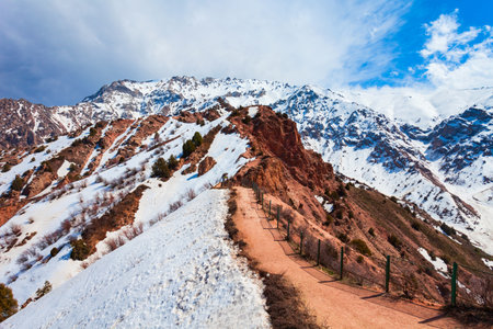 Chimgan mountain in Tian Shan range near the Taskent city in Uzbekistan in spring, view from cable carの写真素材