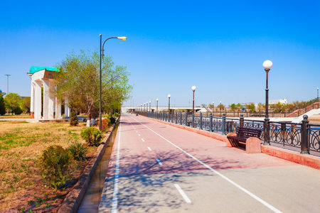 Shavat canal embankment promenade in Urgench city, Uzbekistanの写真素材