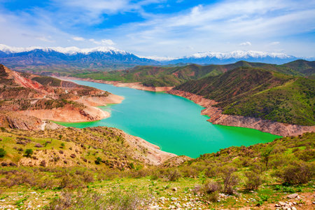 Lake Hisorak is a water reservoir near Shahrisabz city in Uzbekistanの写真素材
