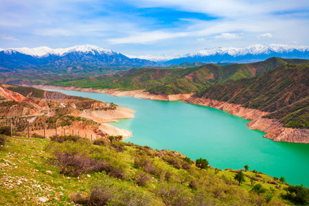 Lake Hisorak is a water reservoir near Shahrisabz city in Uzbekistanの写真素材