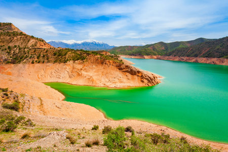 Lake Hisorak is a water reservoir near Shahrisabz city in Uzbekistanの写真素材