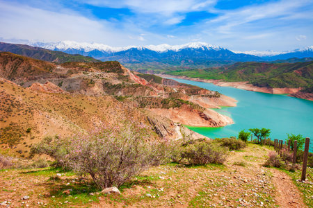 Lake Hisorak is a water reservoir near Shahrisabz city in Uzbekistanの写真素材