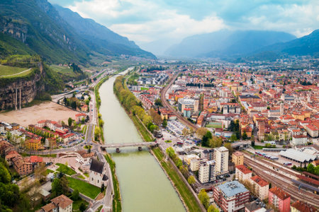 Trento aerial panoramic view. Trento is a city on the Adige River in Trentino Alto Adige Sudtirol in Italy.の写真素材