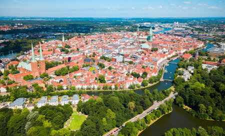 Aerial view of the Lubeck old town in Germanyの写真素材