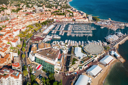 Cannes port aerial panoramic view. Cannes is a city located on the French Riviera or Cote d'Azur in France.の写真素材