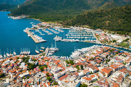 Marmaris marina aerial panoramic view in Marmaris city in Turkeyの写真素材