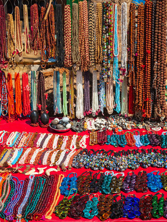 Indian ethnic jewelry and beads at the local market in Delhi, Indiaの写真素材
