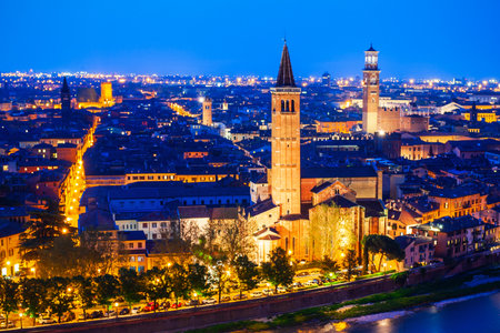 Verona aerial panoramic view at night. Verona is a city on the Adige river in Veneto region in Italy.の写真素材