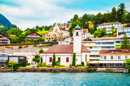 Beauty houses in Weggis. Weggis is a town on the northern shore of Lucerne Lake in the  Luzern canton in Switzerlandの写真素材