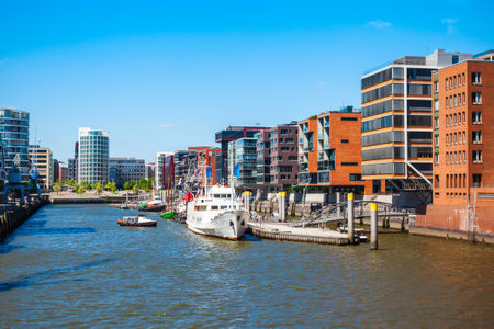 Canal in the Hafencity district of Hamburg city centre in Germanyの写真素材