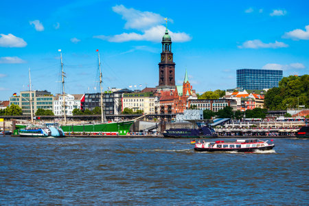 Hamburg city centre and Elbe river with boats in Germanyの写真素材